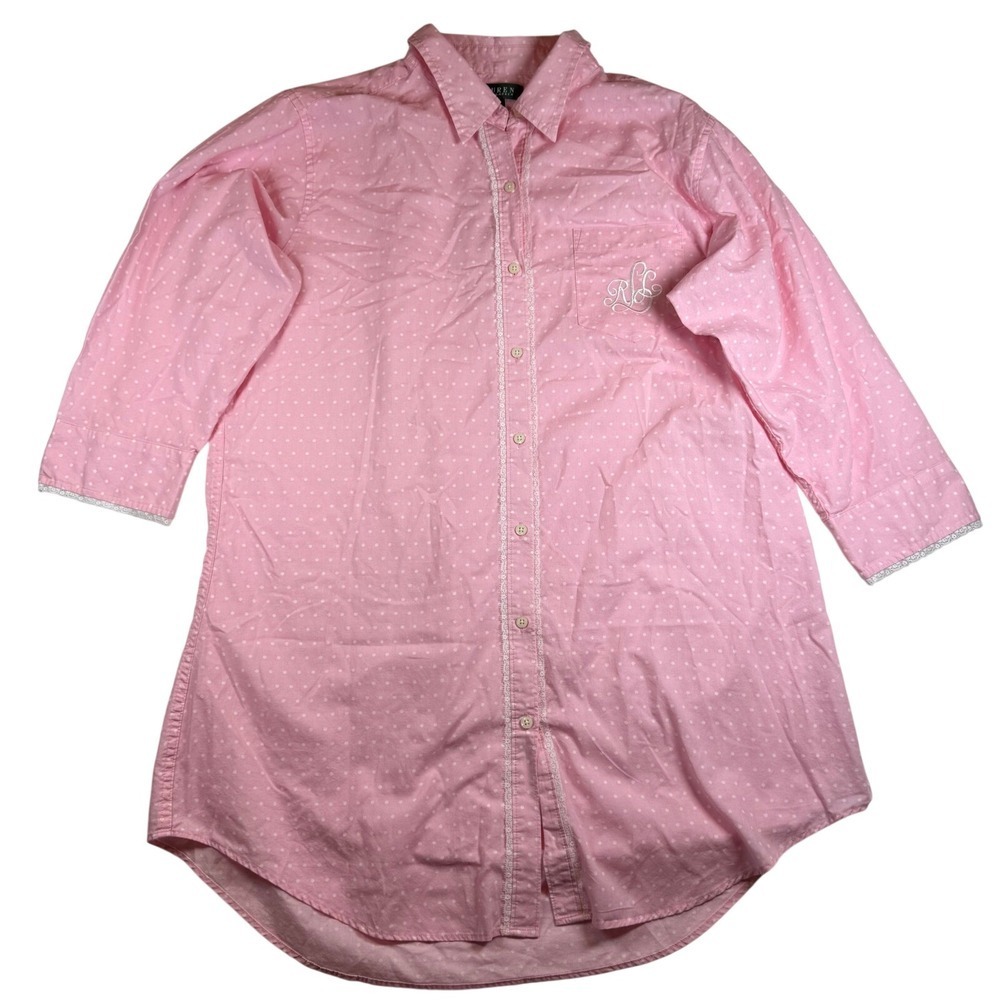 Vintage Lauren Ralph Lauren Pink Polka Dot Button Down Sleep Shirt Pajama Rare